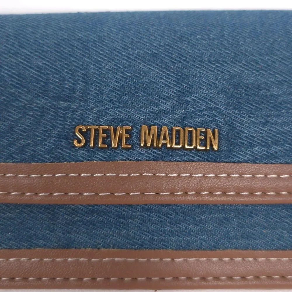 STEVE MADDEN Women's New Denim Snap Zip Wallet Blue Brown BDENNI